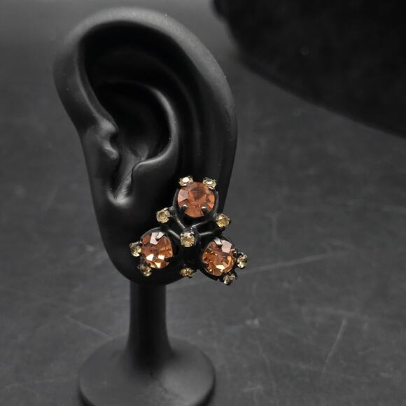 Vintage Joseph Warner Clip On Earrings Rhinestone Orange Champagne Japaned Black - Picture 8 of 8